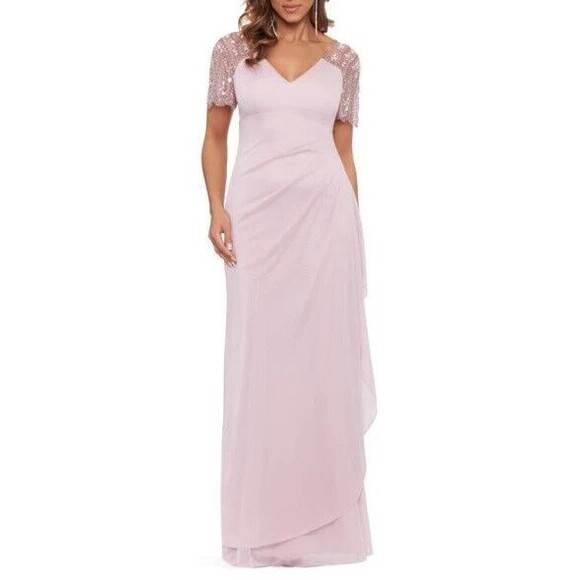XSCAPE Women's Beaded-Sleeve Gown Draped Chiffon Formal Dress Pastel Rose 6